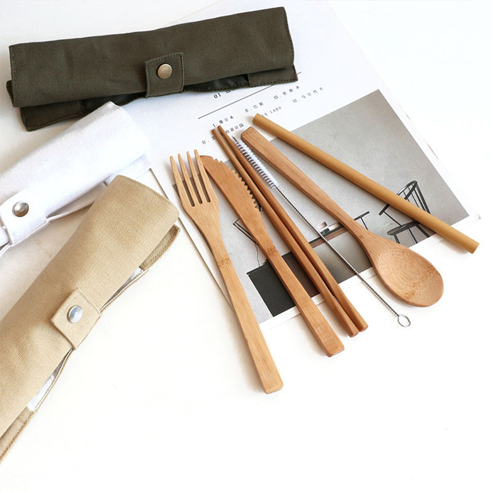 Bamboo Cutlery Travel - 6Pcs Set Peralatan Makan Bambu Portabel